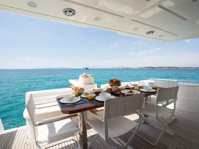 Deck of ESCAPE, a Ferretti 630 motor yacht at Ornos, Greece