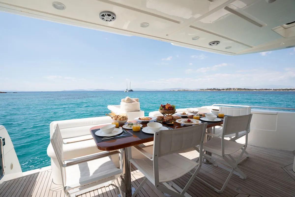 Deck of ESCAPE, a Ferretti 630 motor yacht at Ornos, Greece