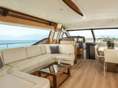 Salon of ESCAPE, a Ferretti 630 motor yacht at Ornos, Greece