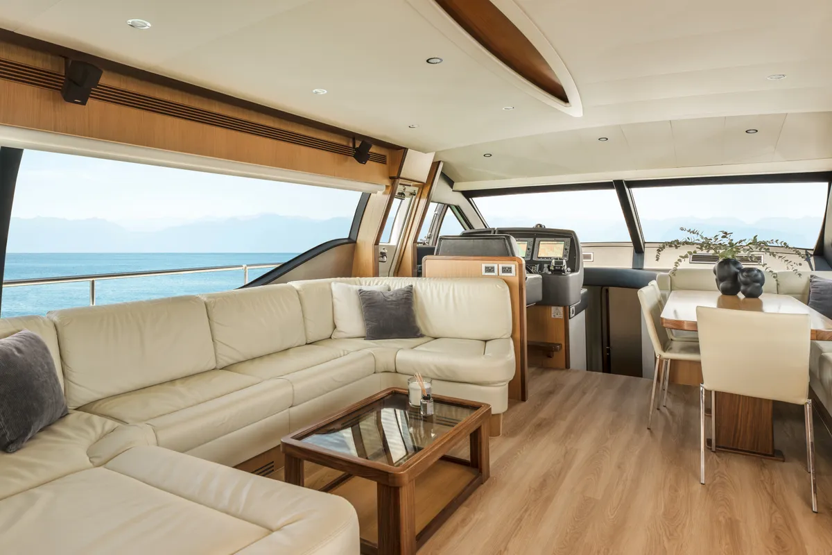 Salon of ESCAPE, a Ferretti 630 motor yacht at Ornos, Greece