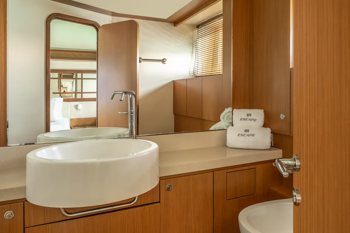 Head on ESCAPE, a Ferretti 630 motor yacht at Ornos, Greece