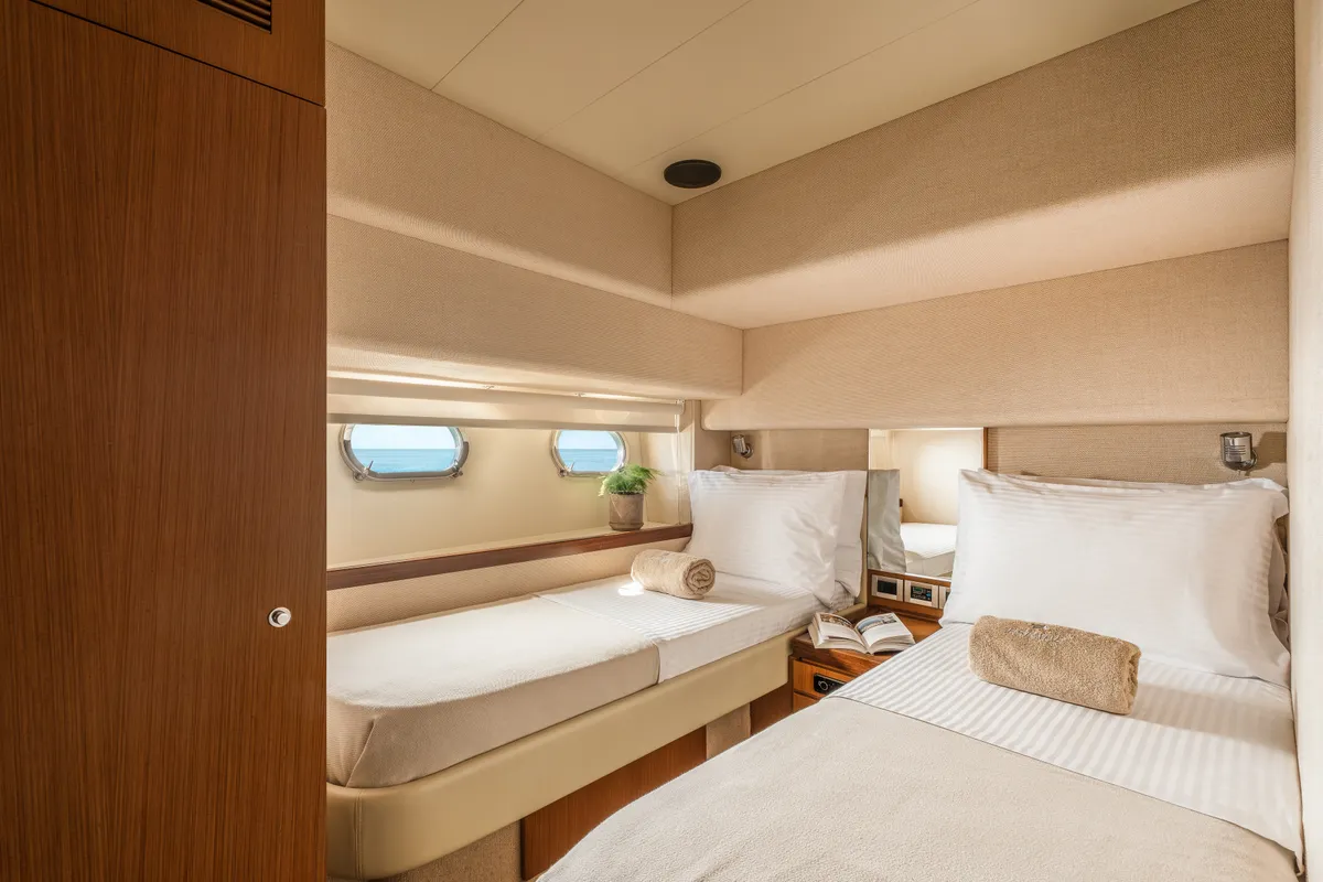 Cabin on ESCAPE, a Ferretti 630 motor yacht at Ornos, Greece