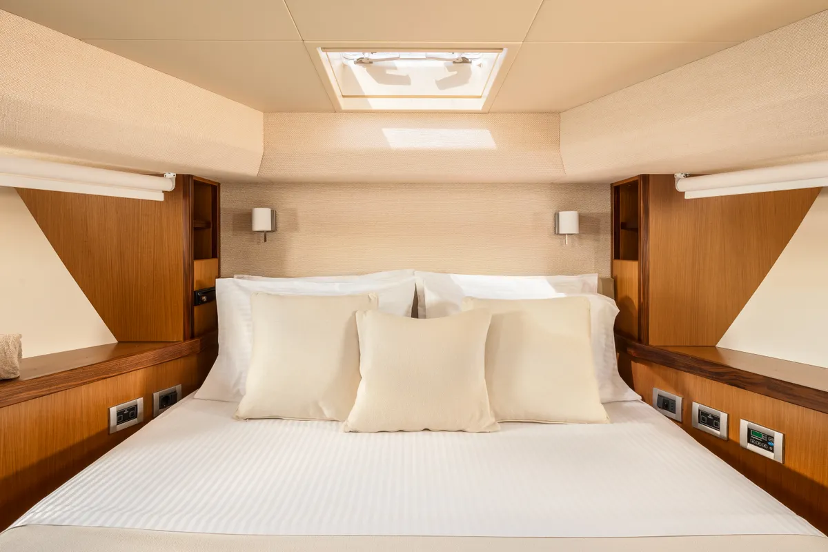 Cabin on ESCAPE, a Ferretti 630 motor yacht at Ornos, Greece