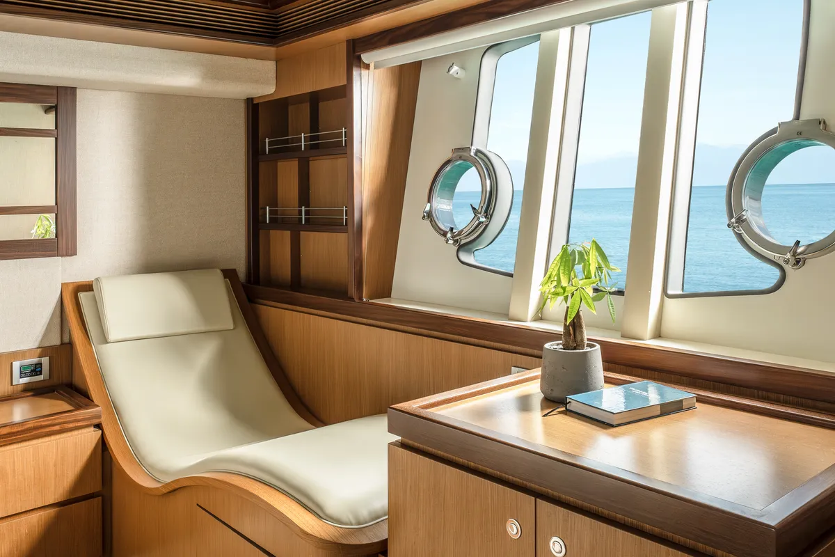 Cabin on ESCAPE, a Ferretti 630 motor yacht at Ornos, Greece
