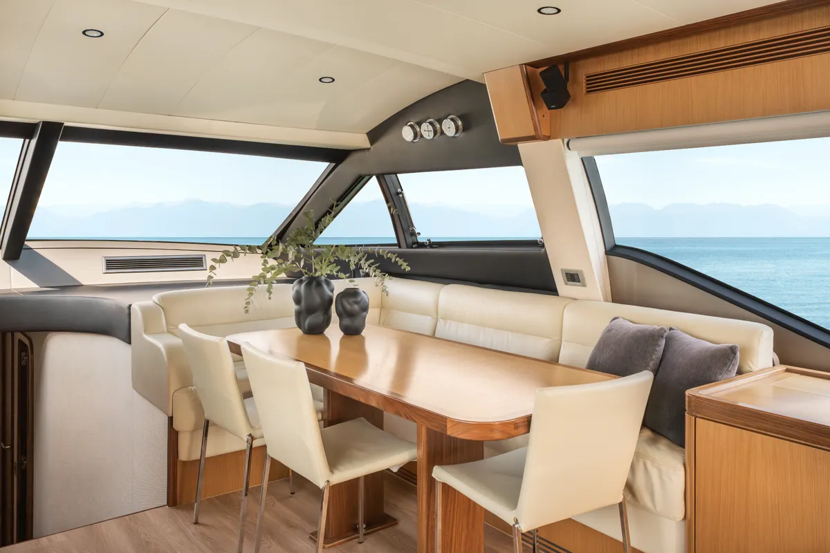 Salon of ESCAPE, a Ferretti 630 motor yacht at Ornos, Greece