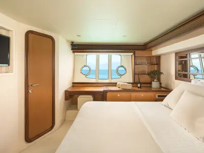 Cabin on ESCAPE, a Ferretti 630 motor yacht at Ornos, Greece