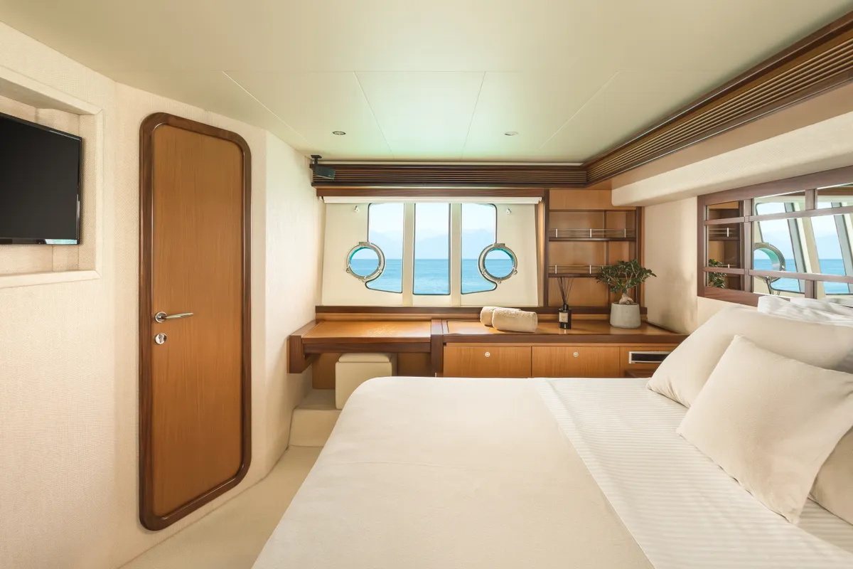 Cabin on ESCAPE, a Ferretti 630 motor yacht at Ornos, Greece