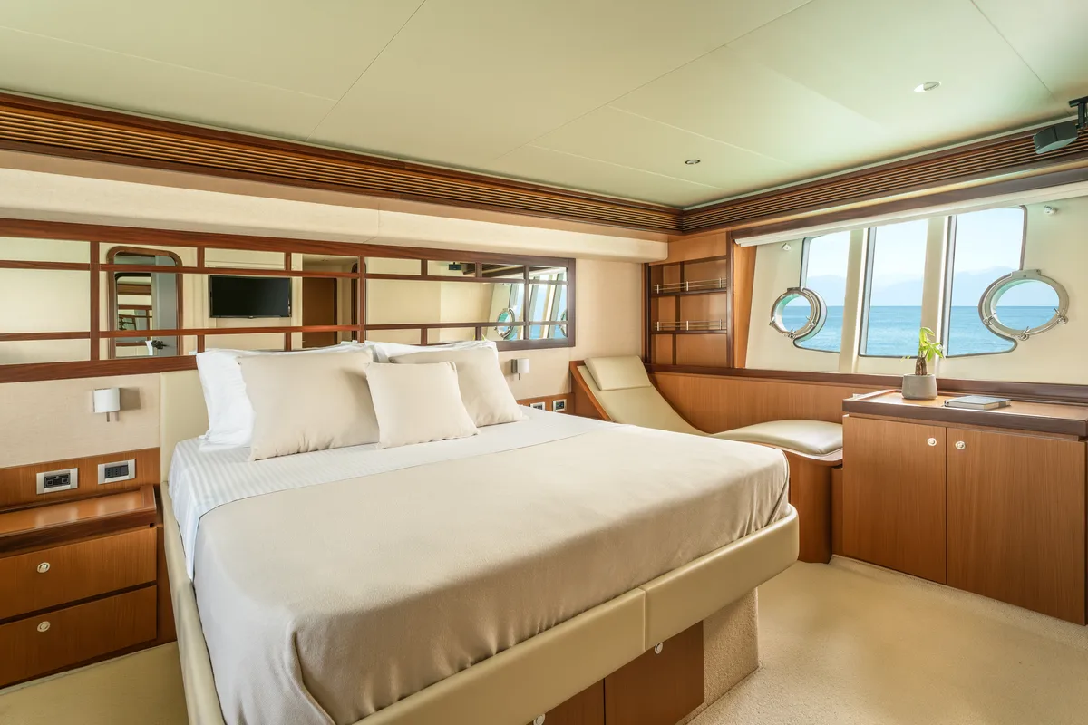 Cabin on ESCAPE, a Ferretti 630 motor yacht at Ornos, Greece