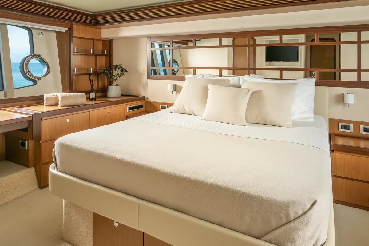 Cabin on ESCAPE, a Ferretti 630 motor yacht at Ornos, Greece