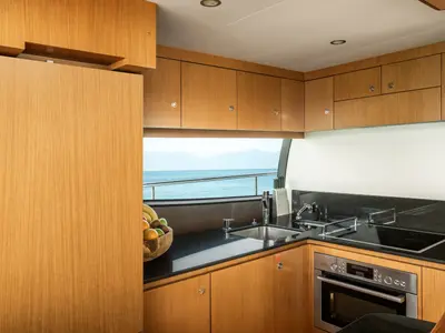 Galley of ESCAPE, a Ferretti 630 motor yacht at Ornos, Greece