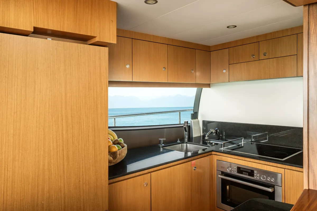 Galley of ESCAPE, a Ferretti 630 motor yacht at Ornos, Greece