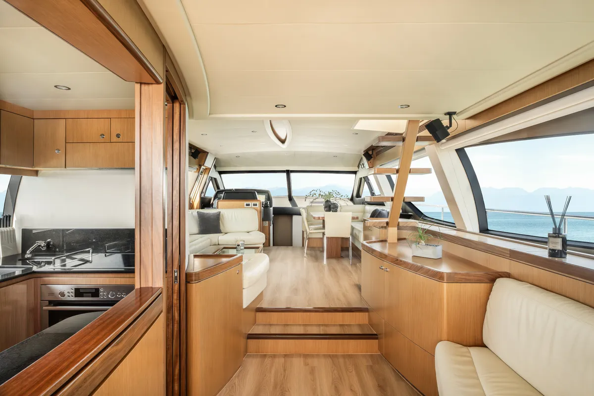 Salon of ESCAPE, a Ferretti 630 motor yacht at Ornos, Greece