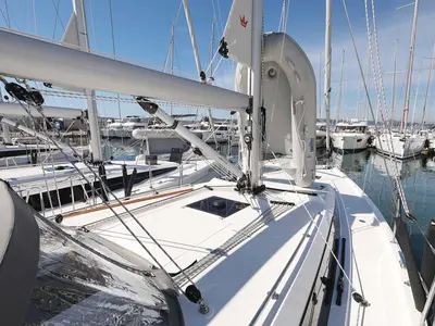 Deck of Leya, a Bavaria C42 Style sailboat at Grad Biograd na Moru, Croatia