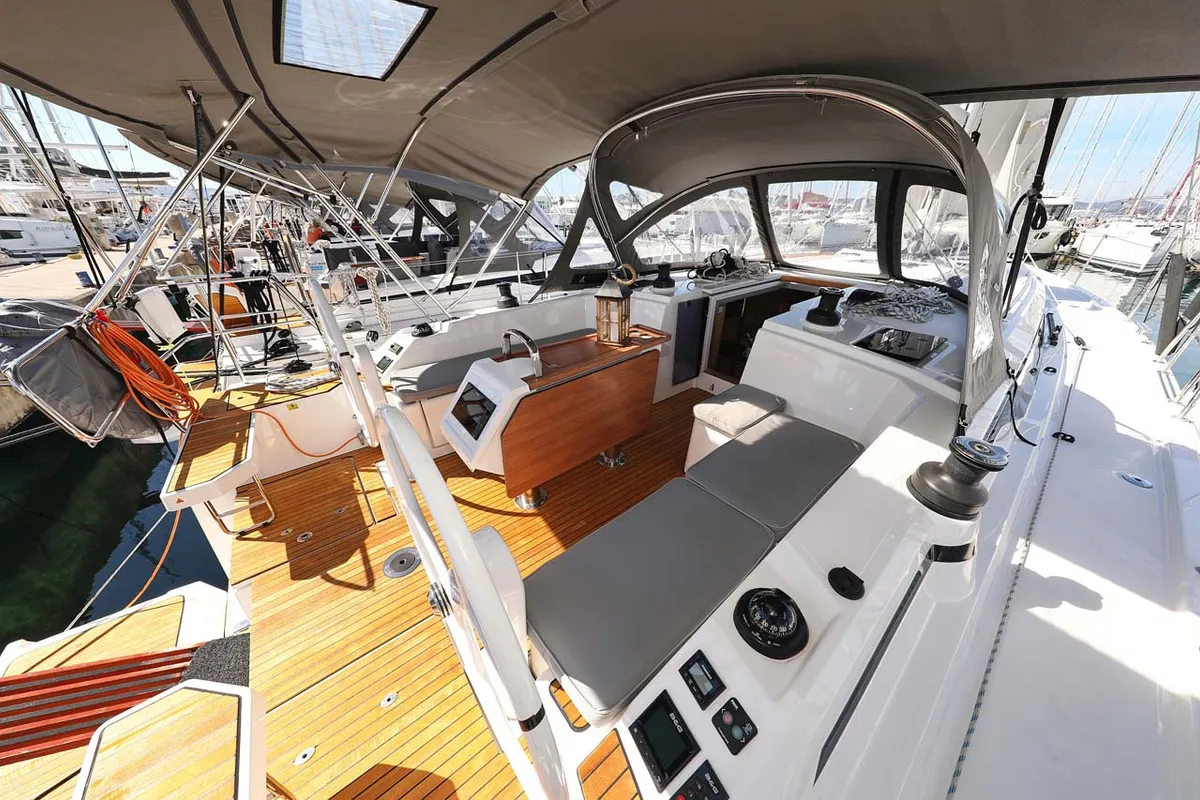 Cockpit of Leya, a Bavaria C42 Style sailboat at Grad Biograd na Moru, Croatia