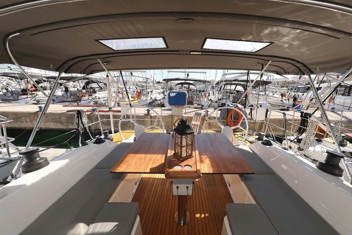 Deck of Leya, a Bavaria C42 Style sailboat at Grad Biograd na Moru, Croatia