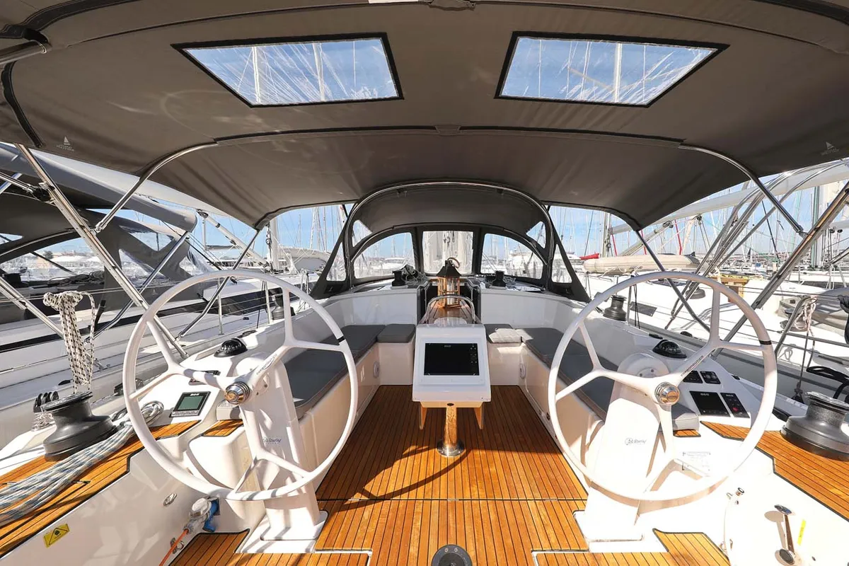 Cockpit of Leya, a Bavaria C42 Style sailboat at Grad Biograd na Moru, Croatia