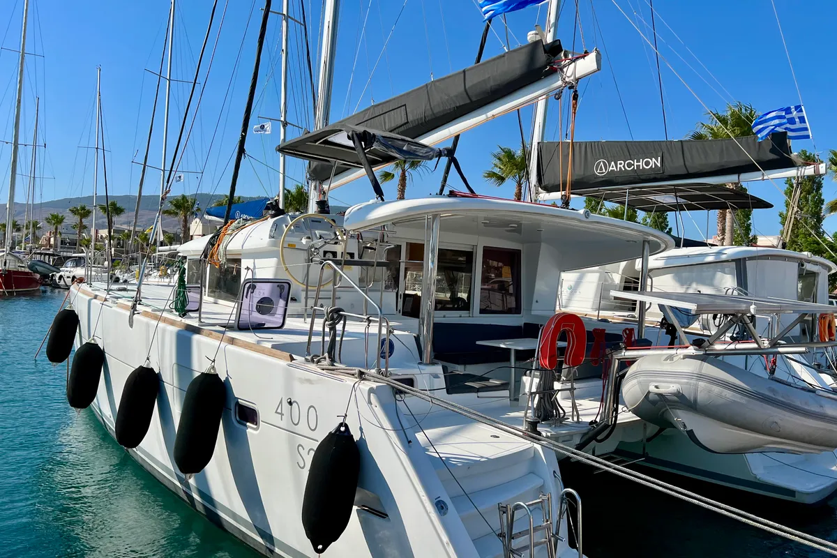 Exterior view of Cata Loca, a Lagoon 400 S2 catamaran at Municipal Unit of Rhodes, Greece