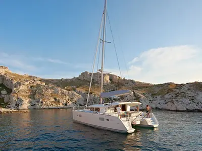 Exterior view of Cata Loca, a Lagoon 400 S2 catamaran at Municipal Unit of Rhodes, Greece