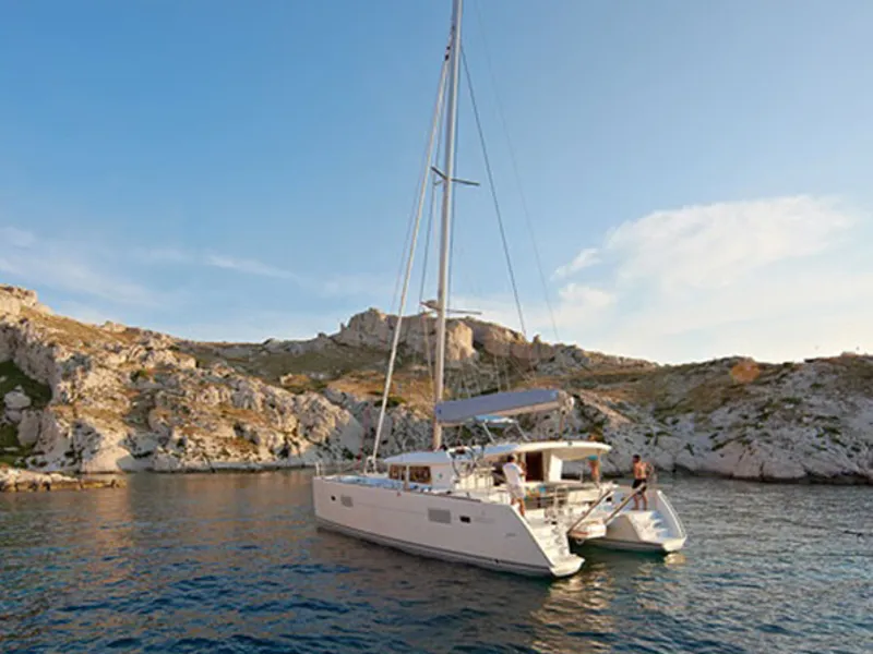 Exterior view of Cata Loca, a Lagoon 400 S2 catamaran at Municipal Unit of Rhodes, Greece