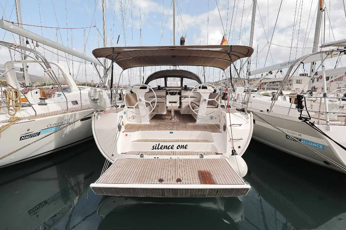 Exterior view of silence one, a Bavaria Cruiser 51 sailboat at Palma de Mallorca, Spain