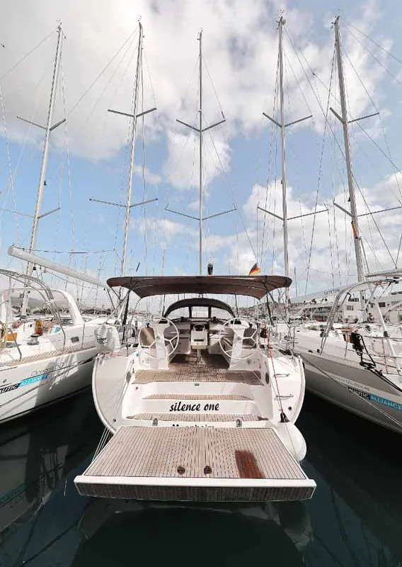 Exterior view of silence one, a Bavaria Cruiser 51 sailboat at Palma de Mallorca, Spain