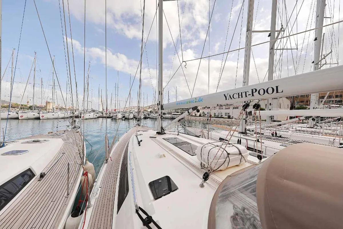 Deck of silence one, a Bavaria Cruiser 51 sailboat at Palma de Mallorca, Spain