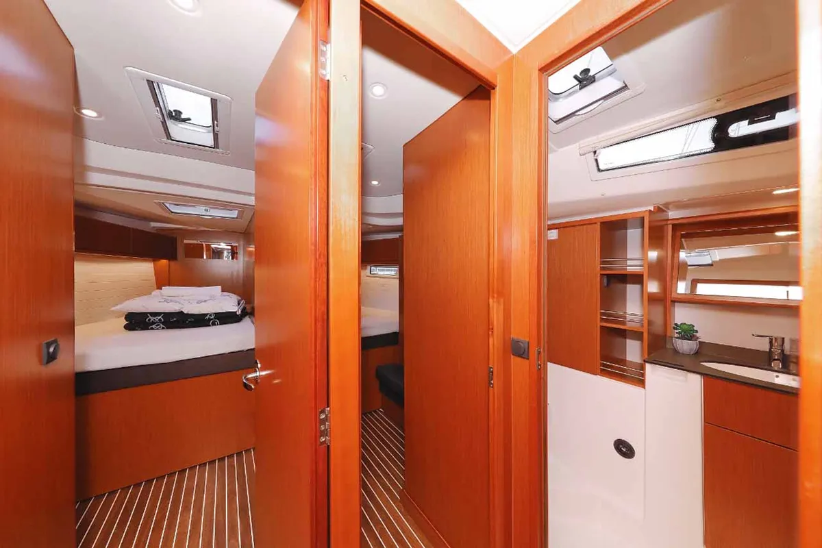 Cabin on silence one, a Bavaria Cruiser 51 sailboat at Palma de Mallorca, Spain