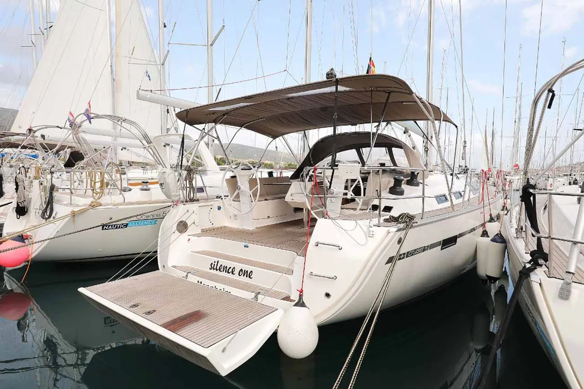 Exterior view of silence one, a Bavaria Cruiser 51 sailboat at Palma de Mallorca, Spain