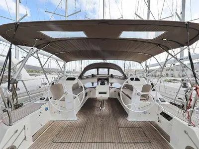 Cockpit of silence one, a Bavaria Cruiser 51 sailboat at Palma de Mallorca, Spain