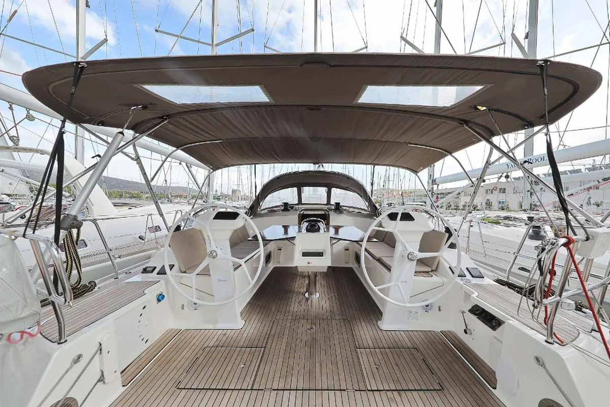 Cockpit of silence one, a Bavaria Cruiser 51 sailboat at Palma de Mallorca, Spain