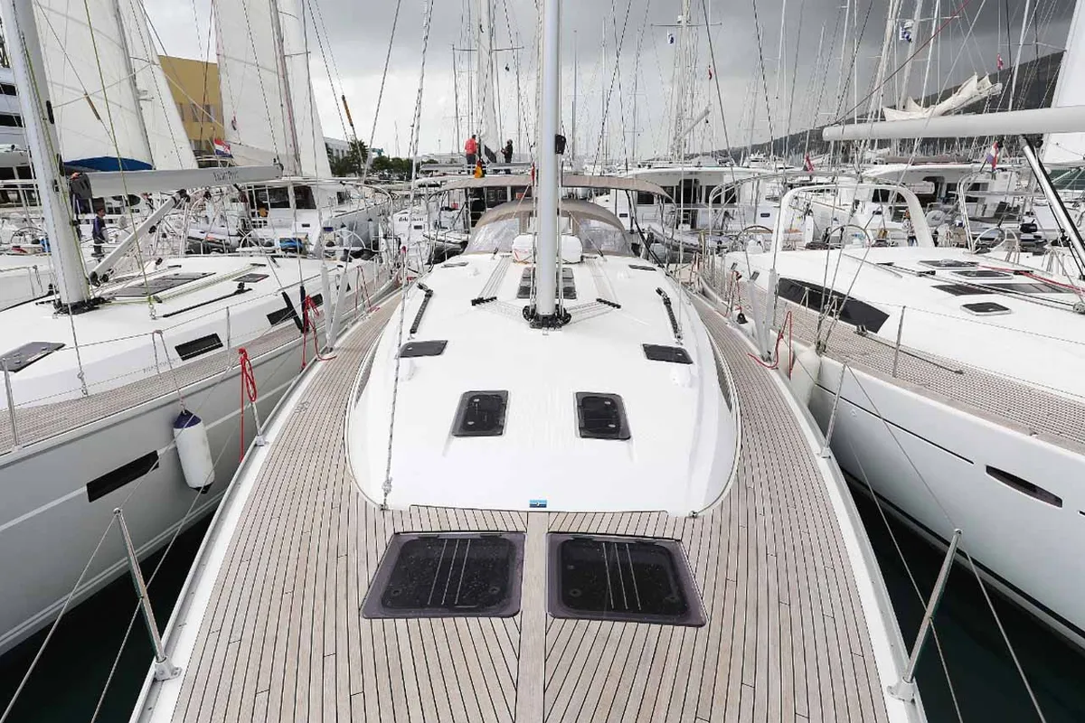 Deck of silence one, a Bavaria Cruiser 51 sailboat at Palma de Mallorca, Spain