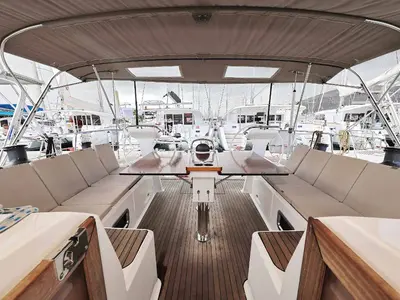 Deck of silence one, a Bavaria Cruiser 51 sailboat at Palma de Mallorca, Spain
