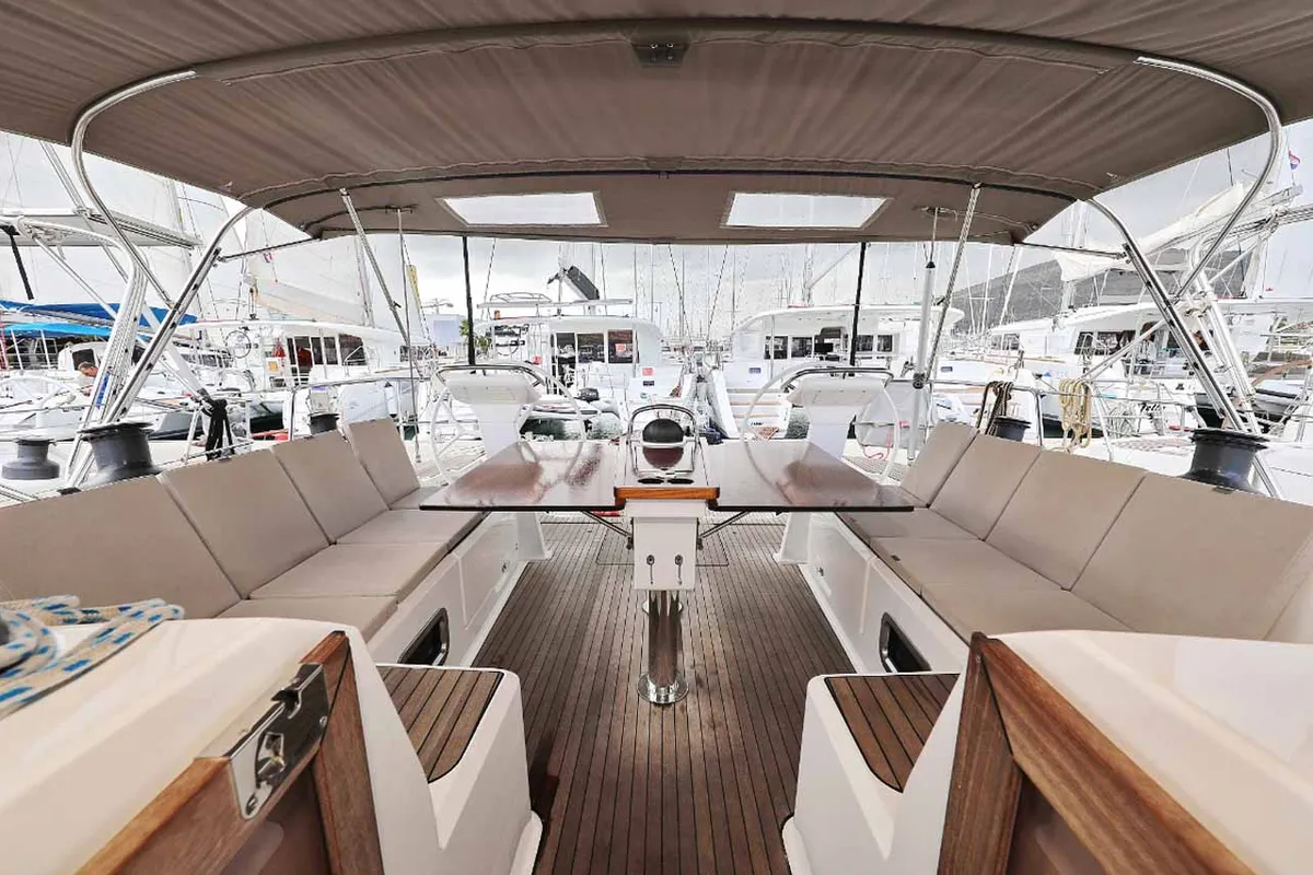 Deck of silence one, a Bavaria Cruiser 51 sailboat at Palma de Mallorca, Spain