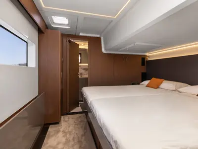 Cabin on Prestige M48, a catamaran at Olbia, Italy