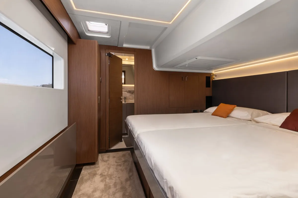 Cabin on Prestige M48, a catamaran at Olbia, Italy