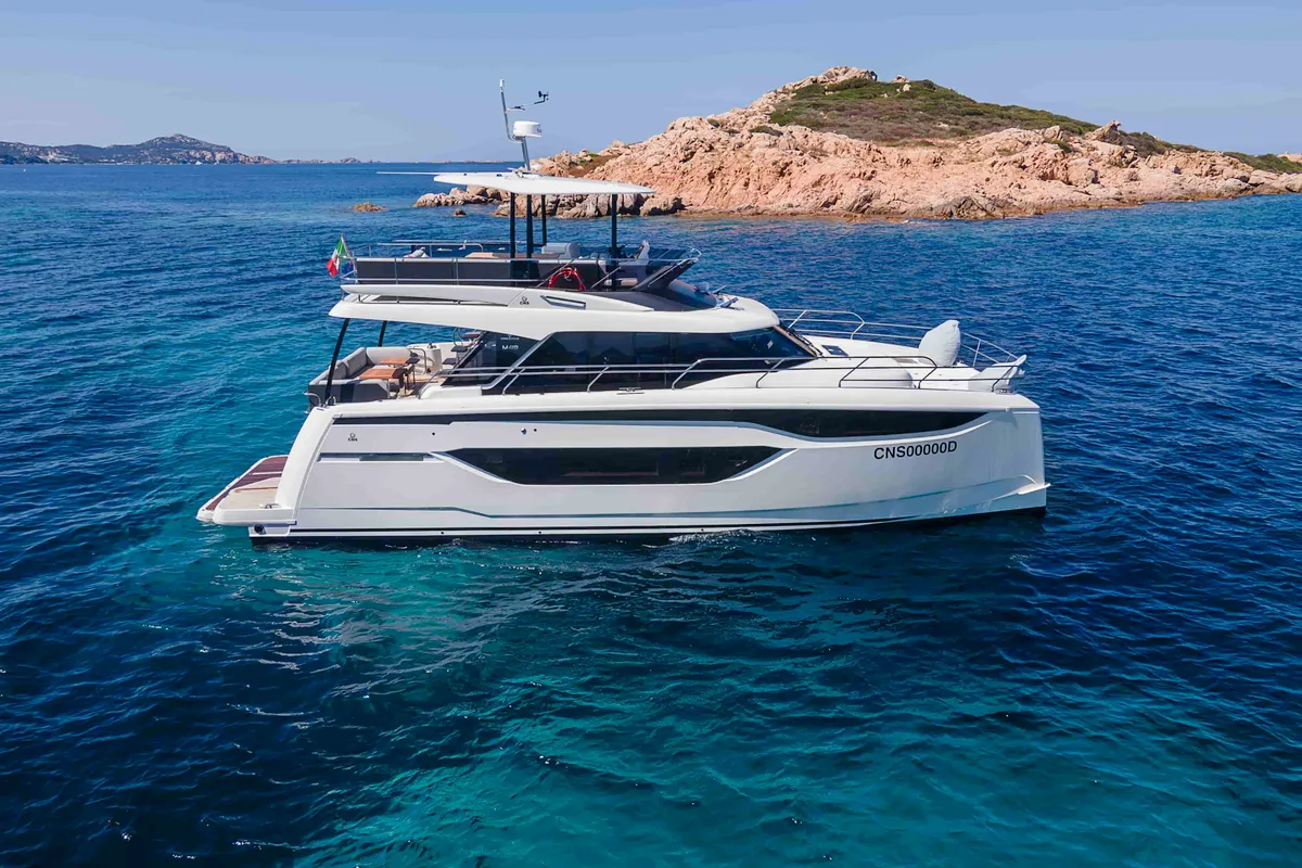 Exterior view of Prestige M48, a catamaran at Olbia, Italy