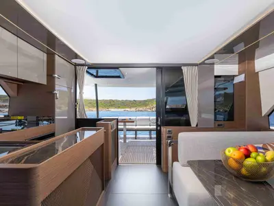 Salon of Prestige M48, a catamaran at Olbia, Italy