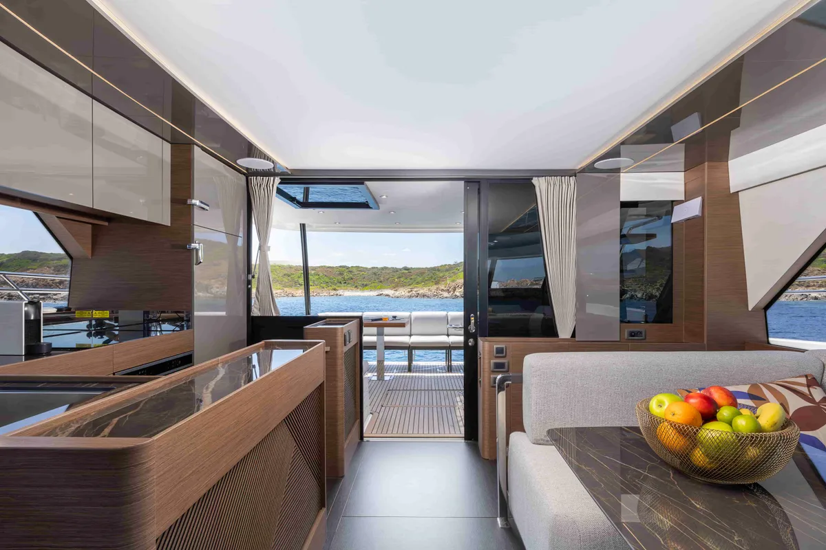 Salon of Prestige M48, a catamaran at Olbia, Italy