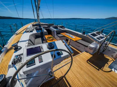 Cockpit of Eywa, a Hanse 588 sailboat at Grad Kaštela, Croatia