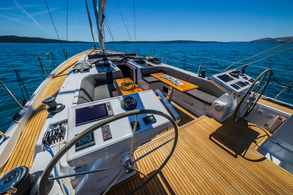 Cockpit of Eywa, a Hanse 588 sailboat at Grad Kaštela, Croatia