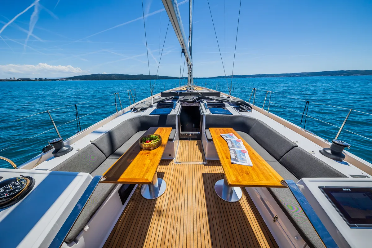 Deck of Eywa, a Hanse 588 sailboat at Grad Kaštela, Croatia