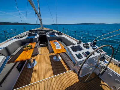 Deck of Eywa, a Hanse 588 sailboat at Grad Kaštela, Croatia