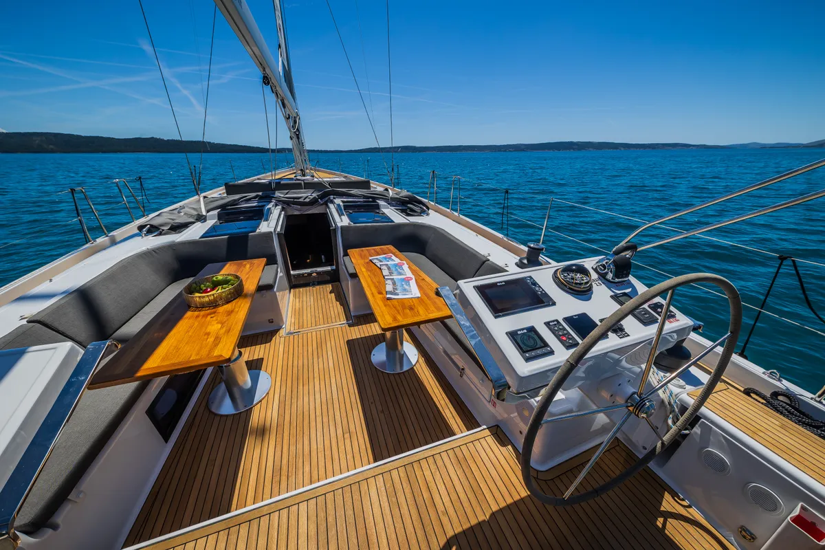 Deck of Eywa, a Hanse 588 sailboat at Grad Kaštela, Croatia