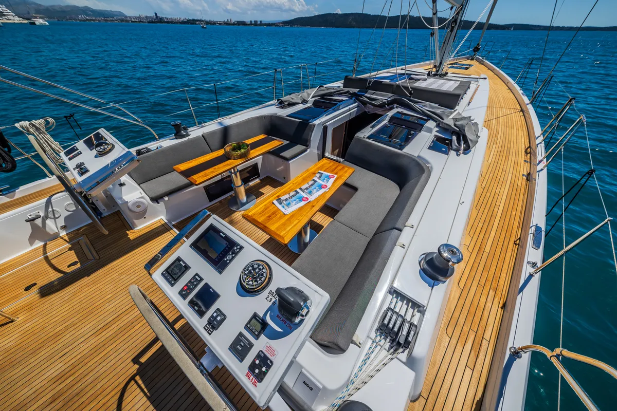 Deck of Eywa, a Hanse 588 sailboat at Grad Kaštela, Croatia