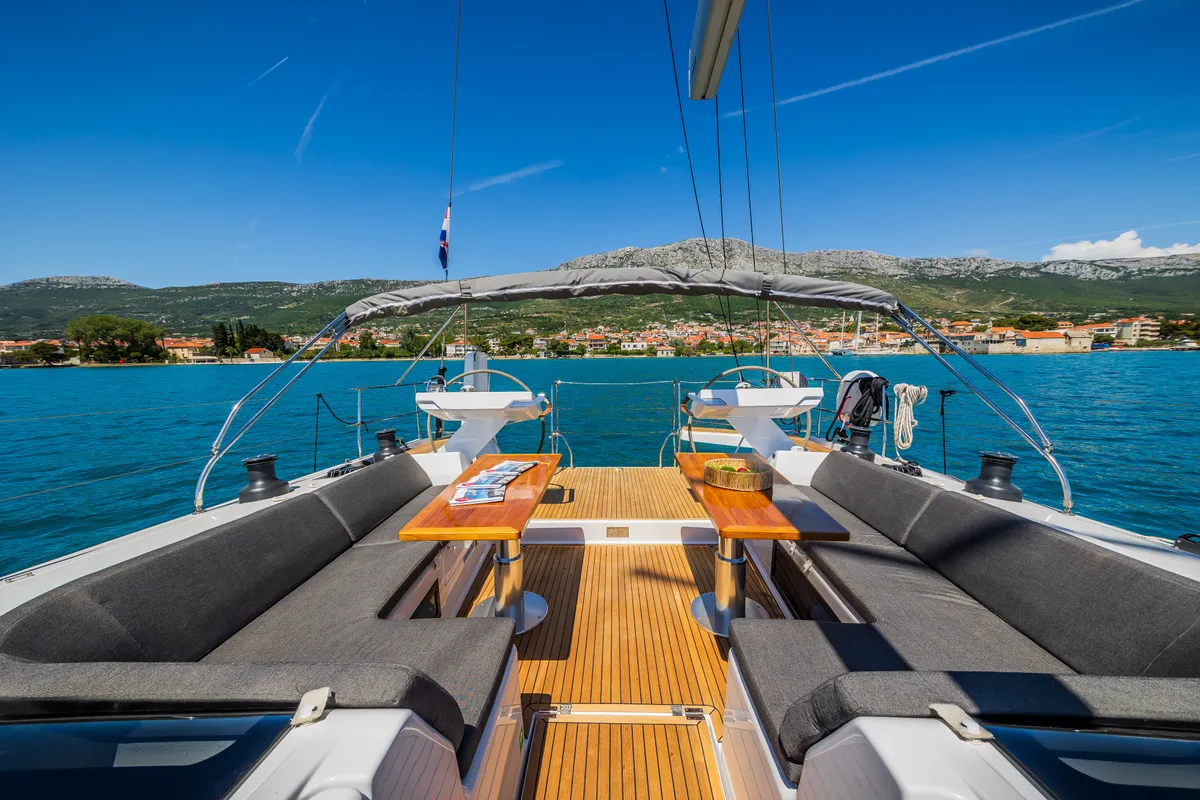 Deck of Eywa, a Hanse 588 sailboat at Grad Kaštela, Croatia