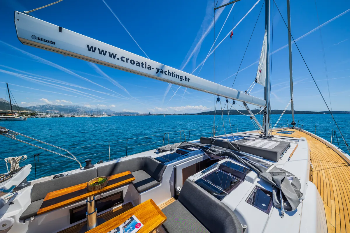 Deck of Eywa, a Hanse 588 sailboat at Grad Kaštela, Croatia