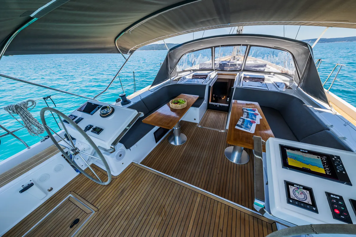 Cockpit of Eywa, a Hanse 588 sailboat at Grad Kaštela, Croatia