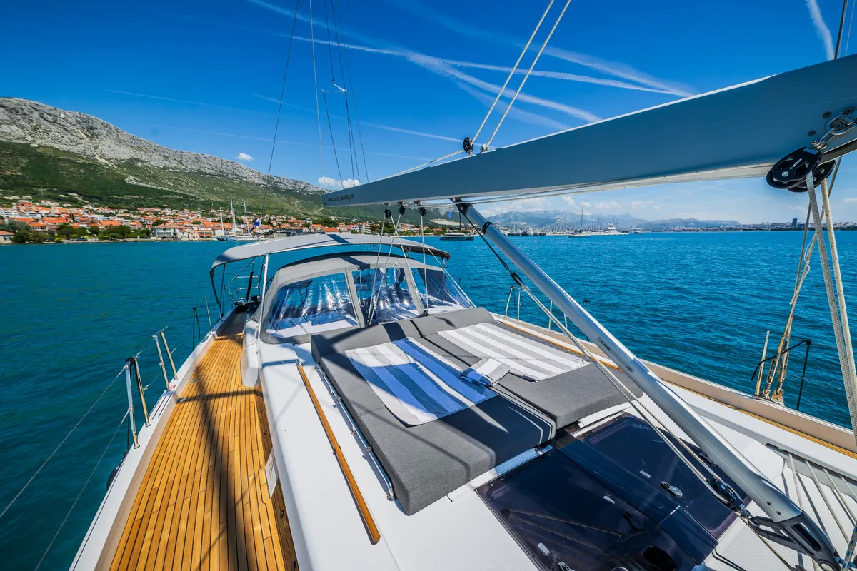 Deck of Eywa, a Hanse 588 sailboat at Grad Kaštela, Croatia