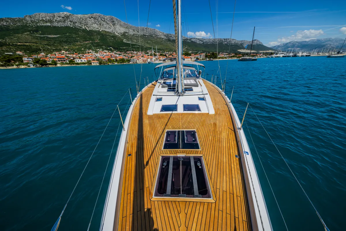 Deck of Eywa, a Hanse 588 sailboat at Grad Kaštela, Croatia