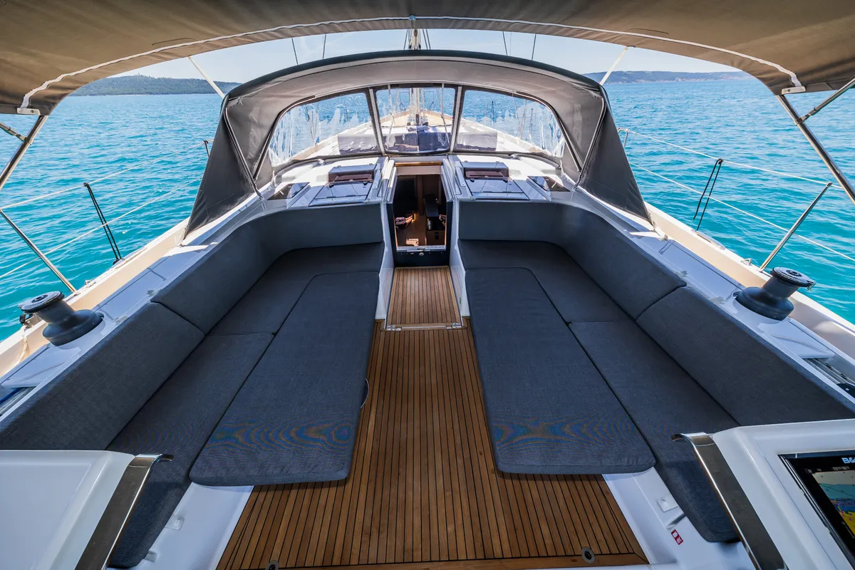Deck of Eywa, a Hanse 588 sailboat at Grad Kaštela, Croatia